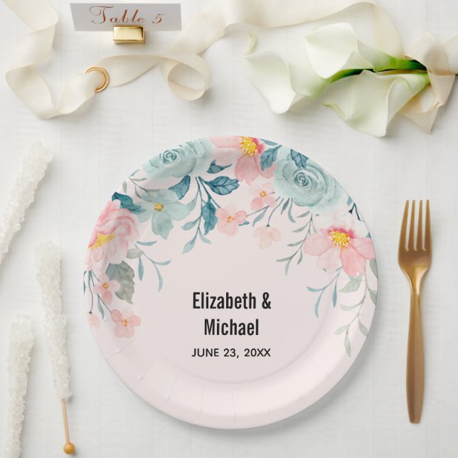 Assiettes En Carton Mariage de frontière rose et vert (Mariage)