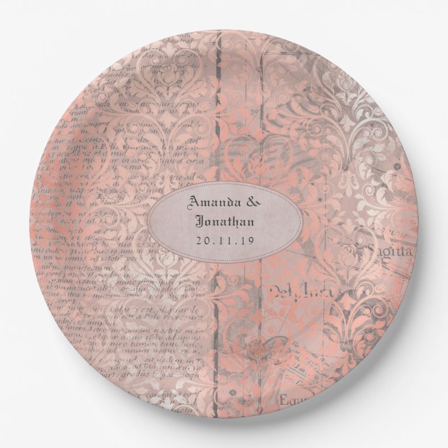 Assiettes En Carton Mariage de journal rose Gold Damask (Devant)