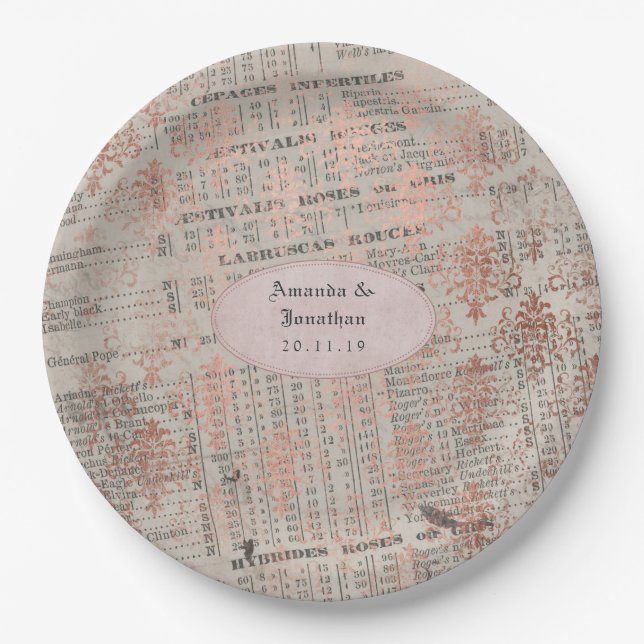 Assiettes En Carton Mariage de journal rose Gold Shabby-Chic (Devant)
