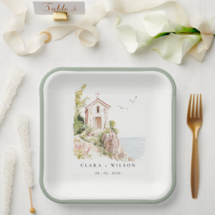 Assiettes En Carton Mariage de l'église catholique de l'aquarelle côti