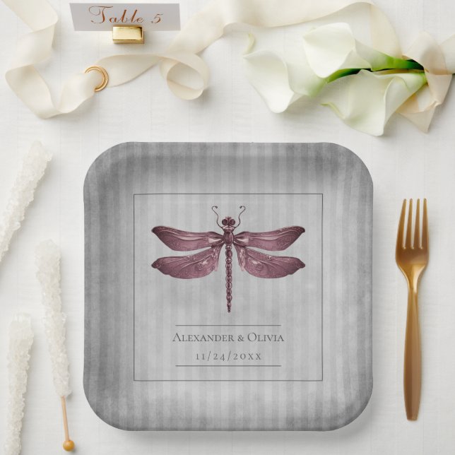 Assiettes En Carton Mariage de libellules à bijoux Magenta (Mariage)