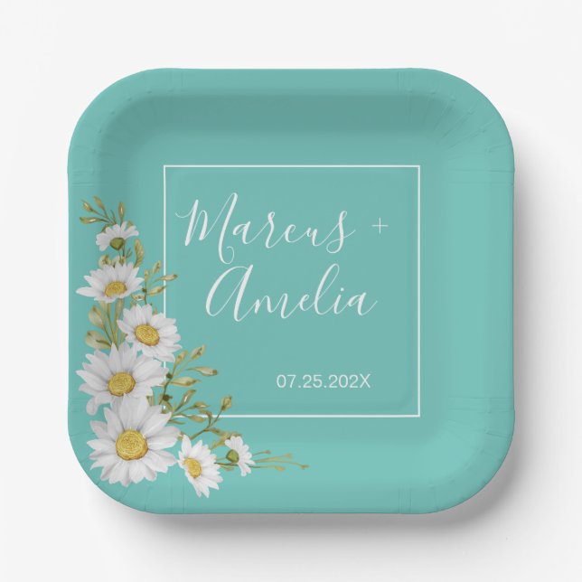 Assiettes En Carton Mariage de marguerites Turquoises et blanches (Recto)