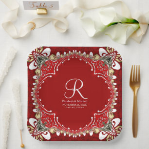 Assiettes En Carton Mariage de monogramme Batik de Bohême Rouge