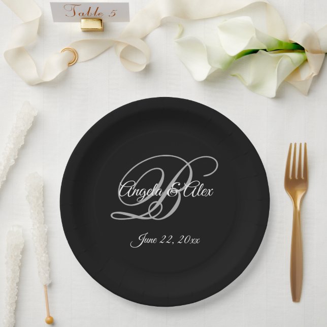 Assiettes En Carton Mariage de monogramme blanc gris et noir (Mariage)