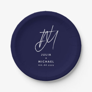 Assiettes En Carton Mariage de monogramme bleu marine personnalisé