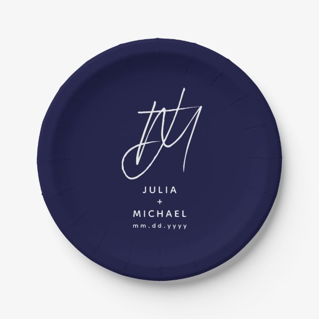 Assiettes En Carton Mariage de monogramme bleu marine personnalisé (Devant)