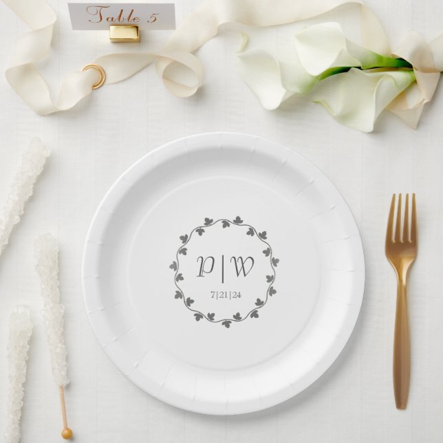 Assiettes En Carton Mariage de monogramme gris Ivy (Mariage)