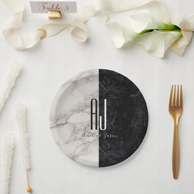 Assiettes En Carton Mariage de Monogramme noir moderne (Mariage)
