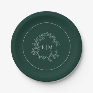 Assiettes En Carton Mariage de monogramme vert émeraude moderne