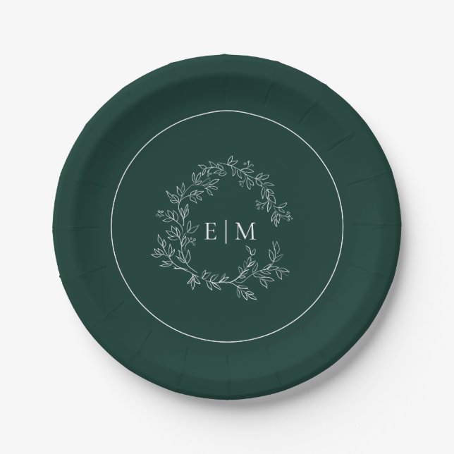 Assiettes En Carton Mariage de monogramme vert émeraude moderne (Devant)