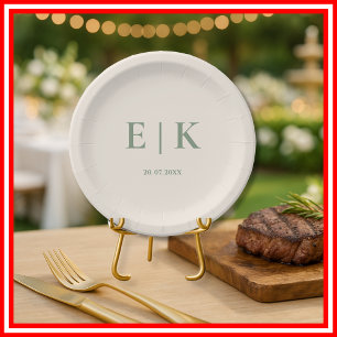 Assiettes En Carton Mariage de monogramme vert Sage