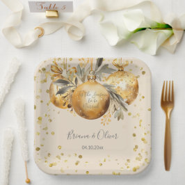 Assiettes En Carton Mariage de Noël beige or