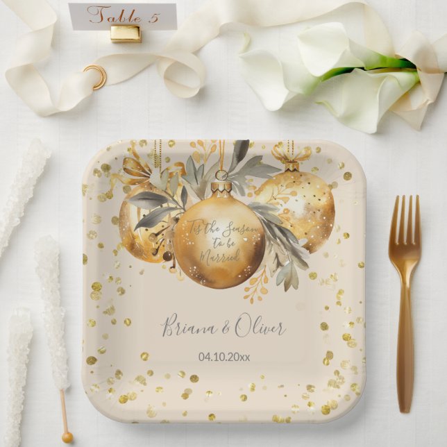 Assiettes En Carton Mariage de Noël beige or (Mariage)