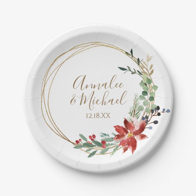 Assiettes En Carton Mariage de Noël Poinsettia Verdure Aquarelle (Devant)