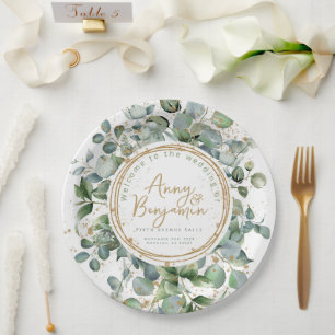 Assiettes En Carton Mariage de parties scintillant d'or Eucalyptus