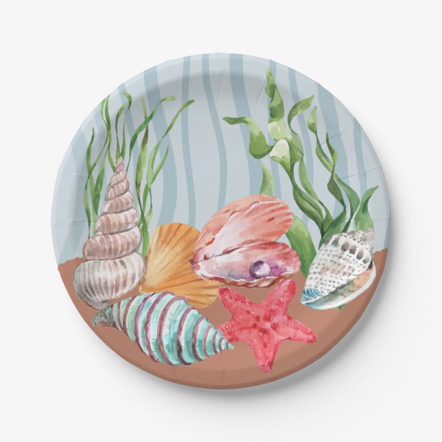 Assiettes En Carton Mariage de plage de coquillages bleu tropical (Devant)
