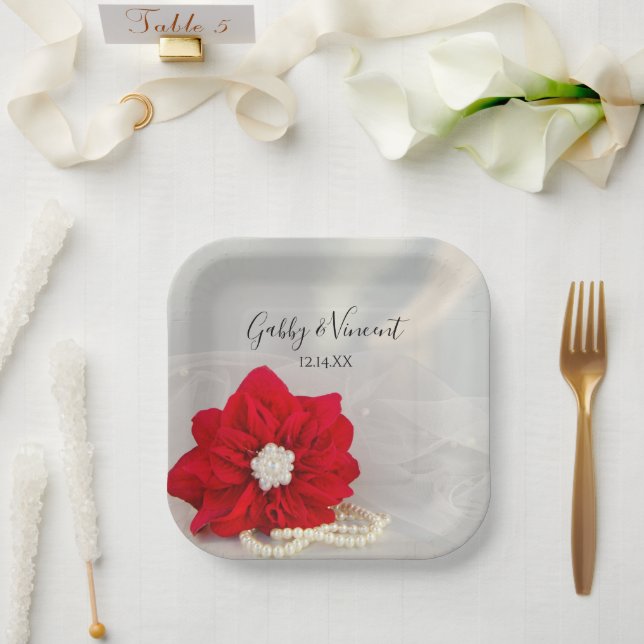 Assiettes En Carton Mariage de Poinsettia rouge et perles blanches (Mariage)