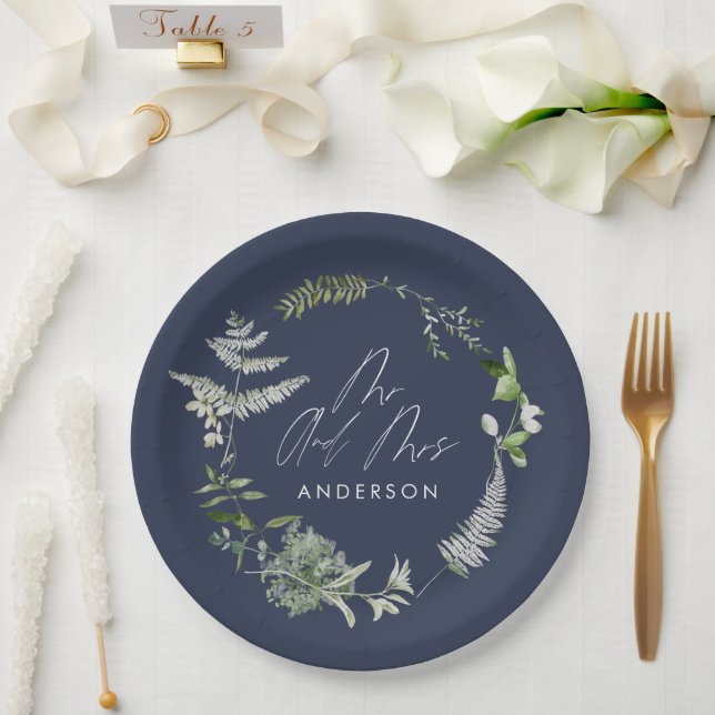 Assiettes En Carton Mariage de script botanique moderne bleu marine (Mariage)