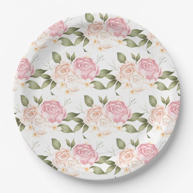 Assiettes En Carton Mariage de script d'aquarelle rose romantique (Devant)