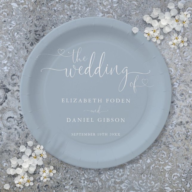Assiettes En Carton Mariage de script Dusty Blue Heart (Dusty Blue Heart Script Wedding Paper Plates)