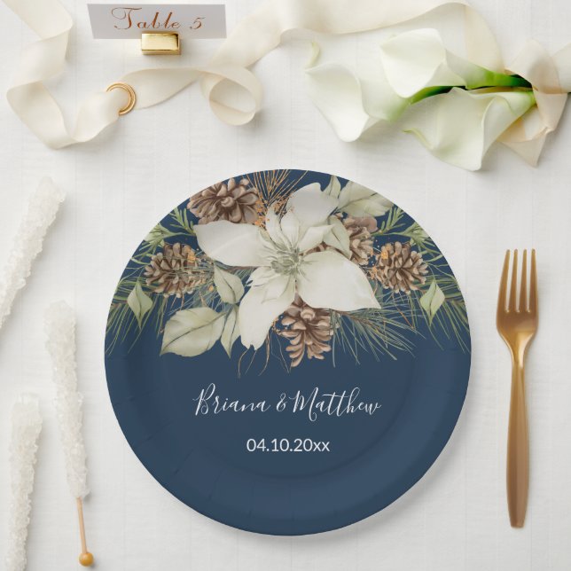 Assiettes En Carton Mariage de script élégant de la Marine d'hiver (Mariage)
