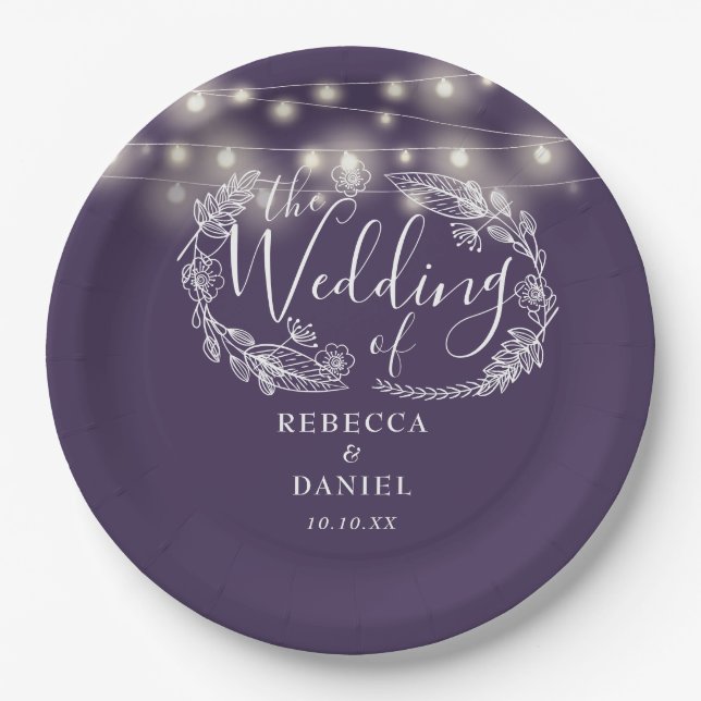 Assiettes En Carton Mariage de script floral violet (Devant)