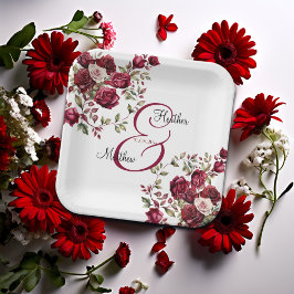 Assiettes En Carton Mariage de script moderne floral de Bourgogne