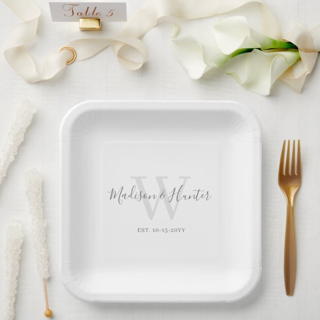 Assiettes En Carton Mariage de script moderne gris blanc (Mariage)