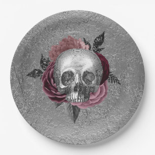 Assiettes En Carton Mariage de tête de crâne noir rose argent