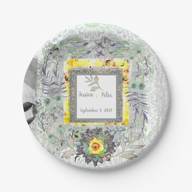 Assiettes En Carton Mariage de tournesol gris-jaune rustique (Devant)