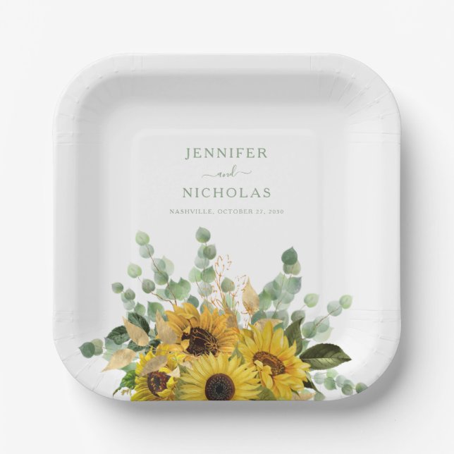 Assiettes En Carton Mariage de tournesol vert moderne (Recto)
