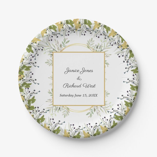Assiettes En Carton Mariage de trame or Eucalyptus Botanique (Devant)