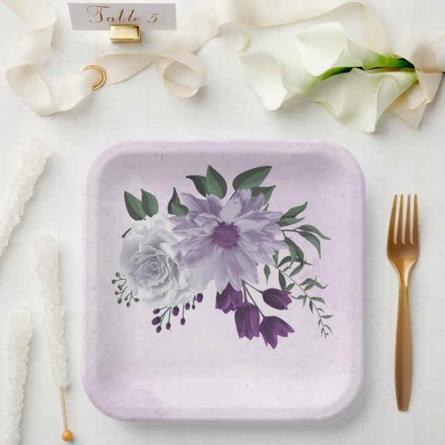 Assiettes En Carton mariage de verdure fleurie violette et blanche (Mariage)