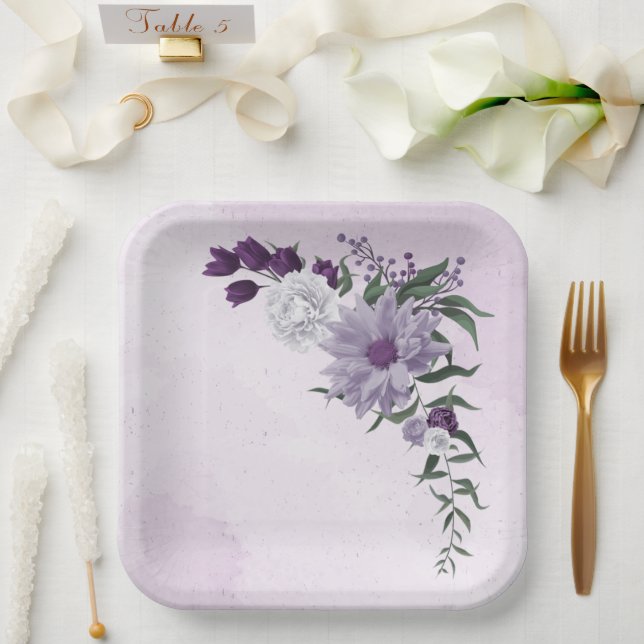 Assiettes En Carton mariage de verdure fleurie violette et blanche (Mariage)