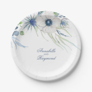 Assiettes En Carton Mariage de verdure florale bleu poussiéreux