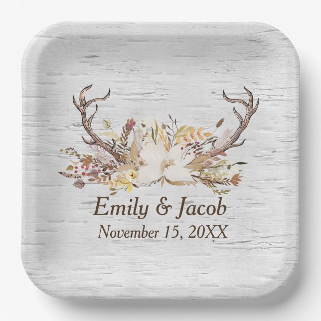 Assiettes En Carton Mariage Deer Antlers sur Birch (Recto)