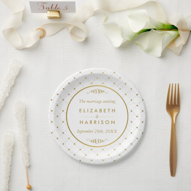 Assiettes En Carton Mariage d'effet blanc et or moderne (Mariage)