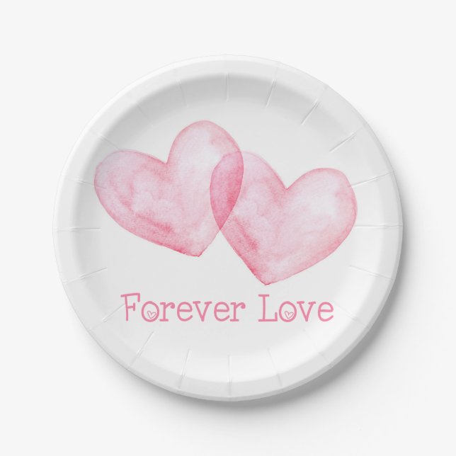 Assiettes En Carton Mariage des Coeurs d'aquarelle rose de l'amour (Devant)