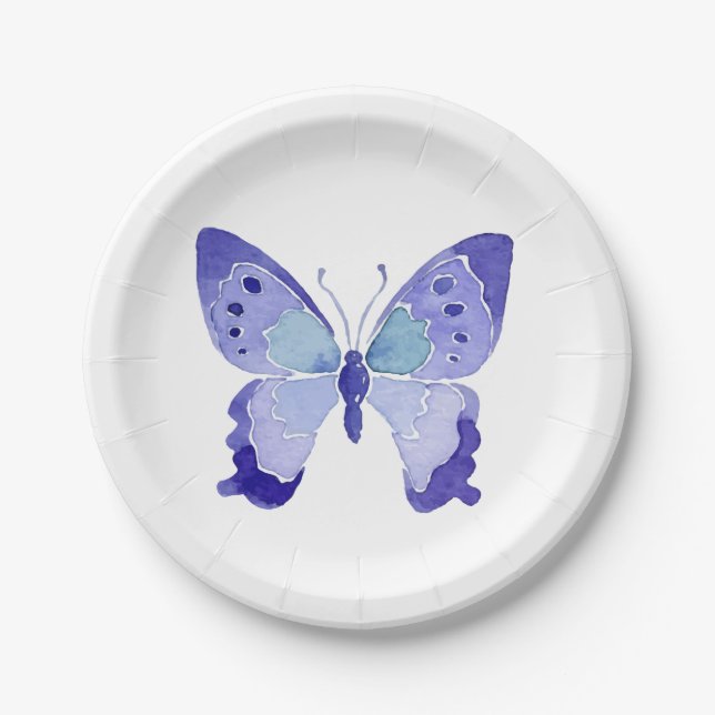 Assiettes En Carton Mariage des papillons Bleus à l'aquarelle (Devant)