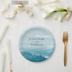Assiettes En Carton Mariage d'été au bord de la mer bleue ondulée ombr