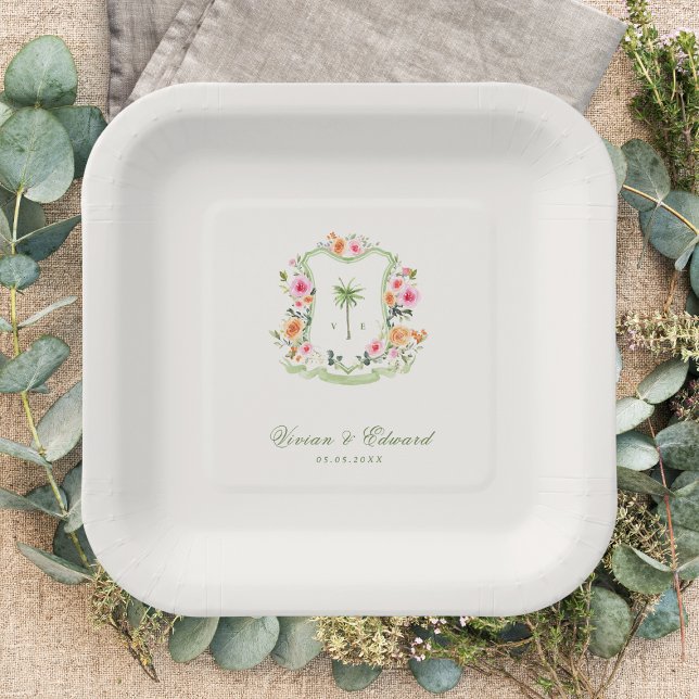 Assiettes En Carton Mariage d'été de la crête de palmier tropicale (Créateur téléchargé)
