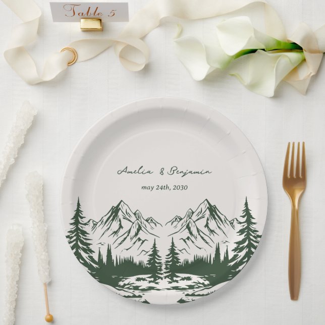 Assiettes En Carton Mariage d'été en montagne dessiné à la main (Mariage)