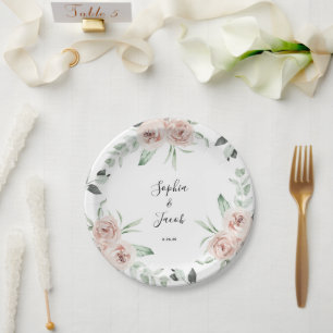Assiettes En Carton Mariage d'eucalyptus rose pâle
