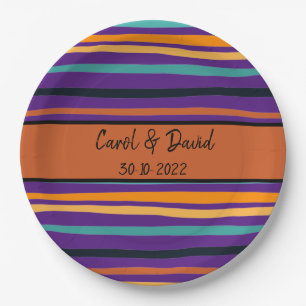 Assiettes En Carton Mariage d'Halloween Moderne Orange Violet Rayé