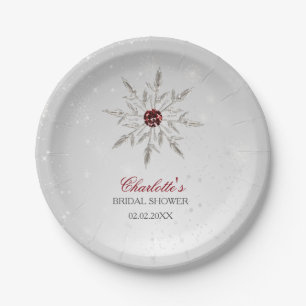 Assiettes En Carton Mariage d'hiver Flocons de neige Rouges Argentés