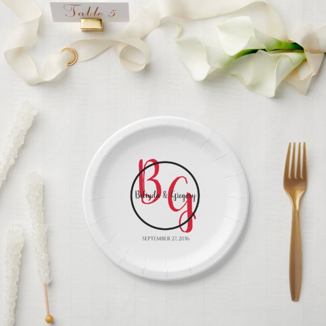 Assiettes En Carton Mariage d'initiales personnalisées simples (Mariage)