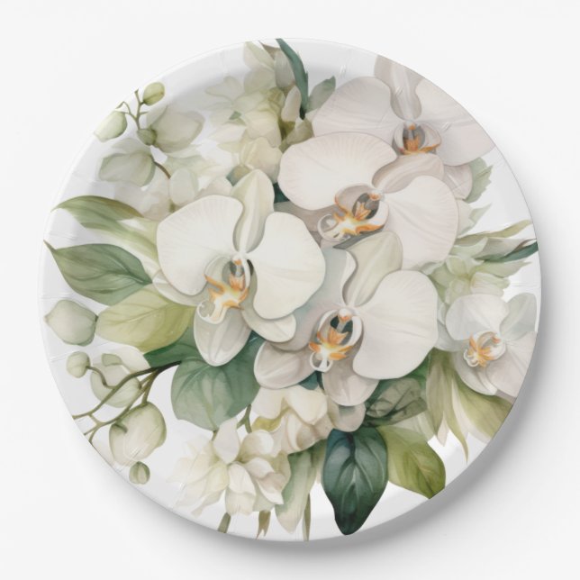 Assiettes En Carton Mariage d'orchidées blanches (Devant)