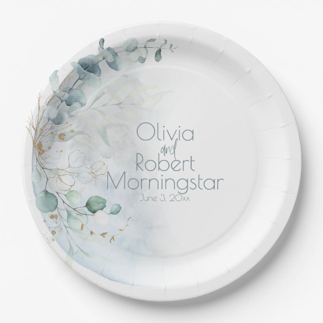 Assiettes En Carton Mariage | Dusty Blue Over the Moon in Love (Devant)