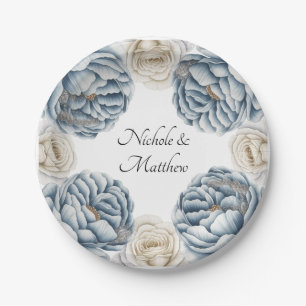 Assiettes En Carton Mariage Dusty Blue & White Peony