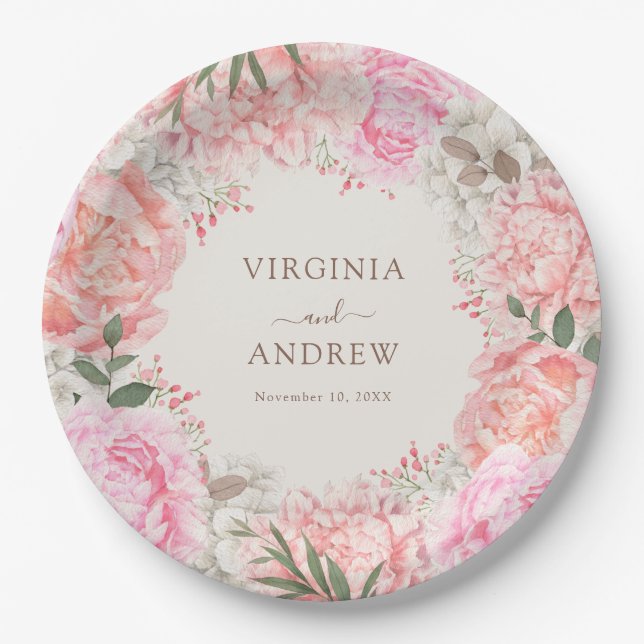 Assiettes En Carton Mariage Élégant aux Pivoines (Devant)